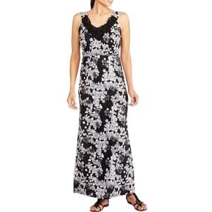 Isela Black & White Floral Maxi Dress with Macrame Crochet Detail Womens XL
